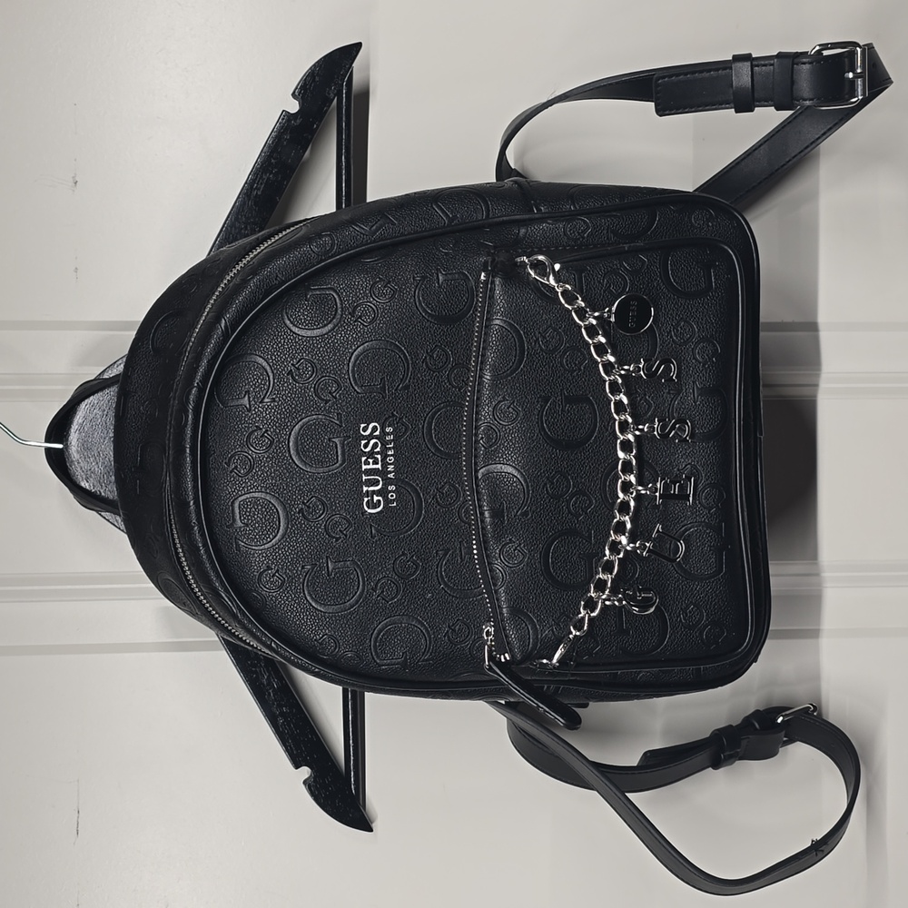 New w/o Tags GUESS Black Embossed Backpack with Chain Accent